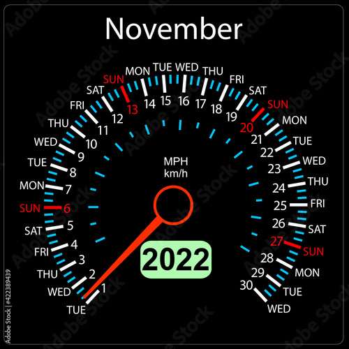 The 2022 year calendar speedometer car November