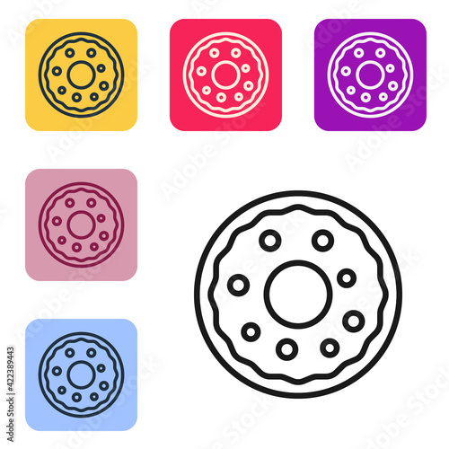 Black line Donut with sweet glaze icon isolated on white background. Set icons in color square buttons. Vector