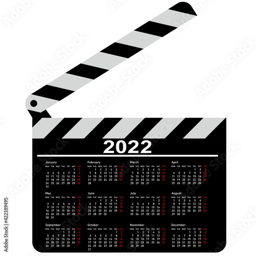 Vászonkép Calendar for 2022, movie clapper board on a white background