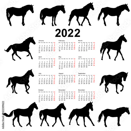 Calendar for 2022 of horse silhouettes isolated on white background