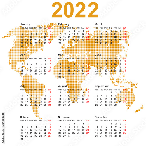 Calendar 2022 with world map. Week starts on Monday