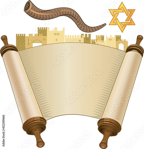 papyrus on a white background. Scroll paper. Torah in the unfolded state.rosh hashanah (jewesh holiday) concept - shofar, torah book