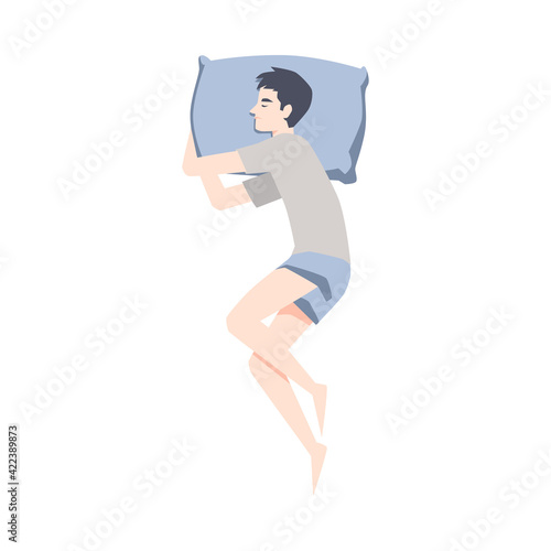 Top view on young man sleeping pose on side a vector flat isolated illustration.