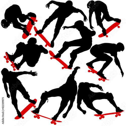 Set black silhouette of an athlete skateboarder in a jump