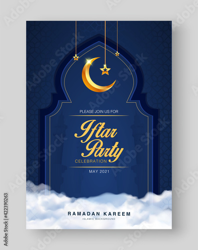 Iftar party invitation background template vector design with 3d realistic crescent moon. Islamic ramadan eid mubarak festival banner