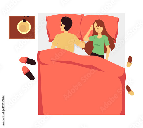 Cartoon couple sleeping in bed from top view, different sleep positions