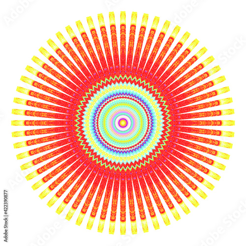Creative multicolored points round symbol. Abstract symmetrical logo. Mosaic colorful beautiful beads. Circle dots modern pixel floral art icon. Colored pattern ornament wheel decorative illustration.