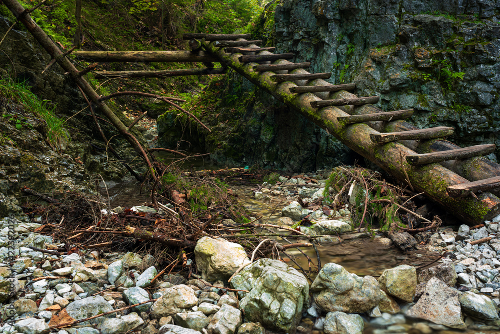 Wooden ladders over the stream in the gorges of the Slovak Paradise Wooden ladders over the stream in the gorges of the Slovak Paradise