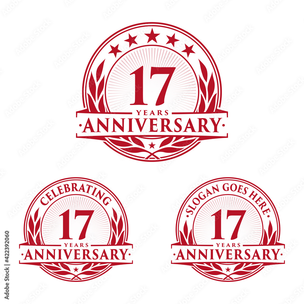 17 years anniversary logo set. 17th years anniversary celebration logotype. Vector and illustration.
17 years anniversary logo set. 17th years anniversary celebration logotype. Vector and illustration.
