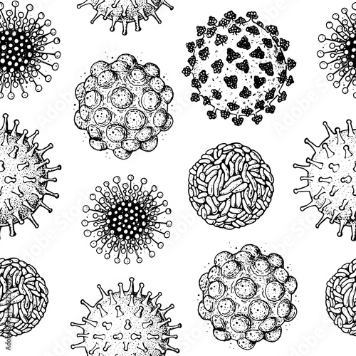 Coronavirus COVID-19 seamless pattern. Biology organisms background in vintage engraved style. Respiratory virus infection illustration. Hand drawn corona virus illustration
