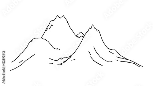 Outline of inaccessible cordillera mountains illustration. Sketch black peaks and hills with rocky snow capped cliffs deep vector gorges.