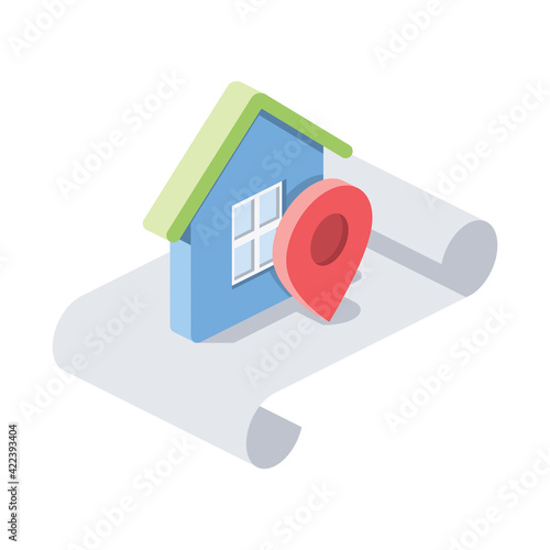 Abstract label map location of the house geographically. Vector 3d symbol, isometric, color web icons, new flat style. Creative design idea, concept for infographics.