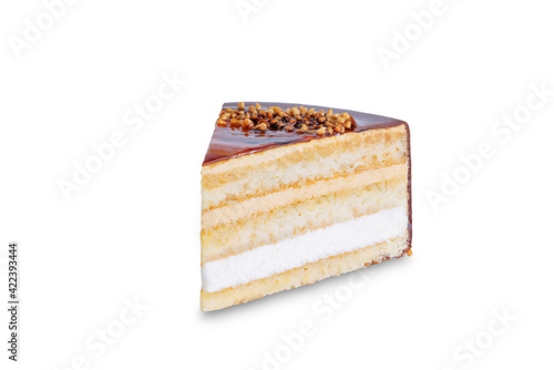 Caramel cake decorated with nuts on a white isolated background