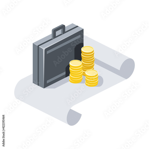 Suitcase of money coins, business plan. Vector 3d symbol, isometric, color web icons, new flat style. Creative design idea, concept for infographics.