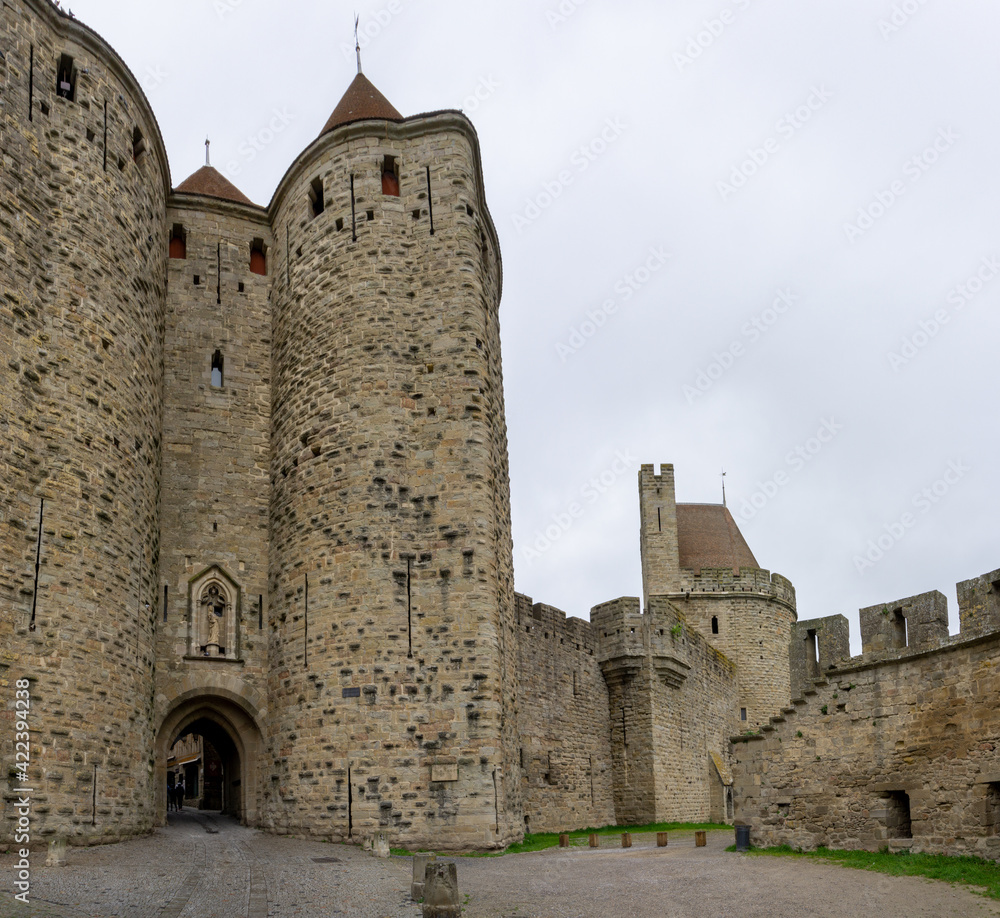 view of the historic medieval walled city of Carcassonne in France
