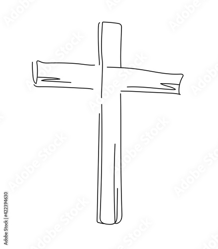 Christian banner or Design Card for Easter. Christ is Risen. Vector illustration on the religious theme with mount Calvary, three crosses. Crucifixion at Sunrise. Man prays, repentance. Line art