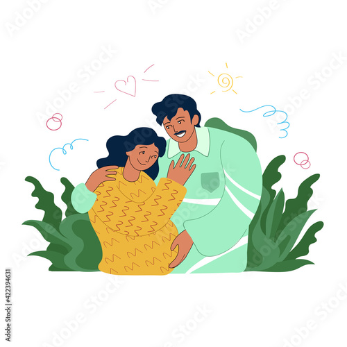 Hispanic ethnicity happy young family couple hugging. Latin American loving future parents, pregnancy, parenthood planning, togetherness social concept. Stylized trendy doodle vector illustration