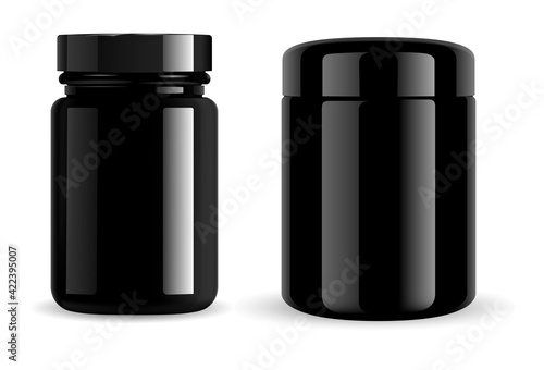 Black jar. Black pill bottle, cosmetic container, glass package. Vitamin pill jar mockup, gloss glass. Supplement tablet packaging set. Glossy container for skin scrub or wax, face powder