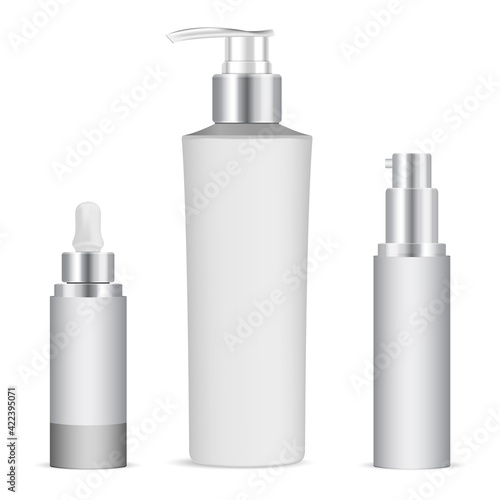 Serum dropper bottle. Eye skin care essence packaging. Cosmetic bottle with dispenser cap for beauty gel. Lotion flask with batcher , beauty jar sample. Essential oil vial mockup, moisturizer