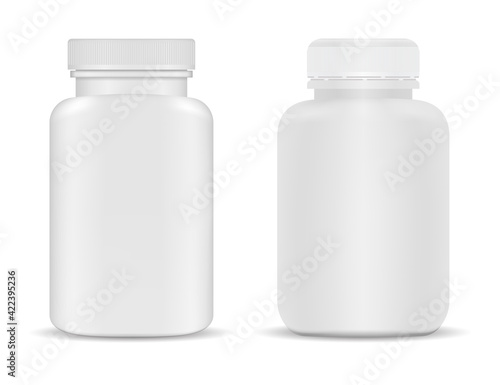 Pill bottle. Medicine supplement bottle mockup, 3d vector blank. Isolated tablet jar, capsule container product. Prescription drugs can realistic illustration. Antibiotic cure bottle, remedy jar