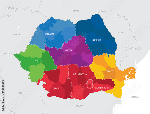 Detailed vector map of Romania with administrative divisions into regions and counties, with names and location of the country in Europe
