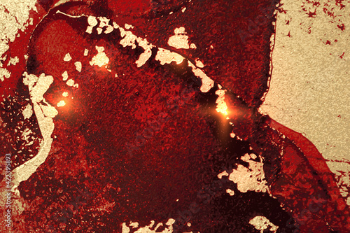 Red, black and gold pattern with texture of geode and sparkles. Abstract vector background in alcohol ink technique. Modern paint with glitter. Template for banner, poster design. Fluid art painting