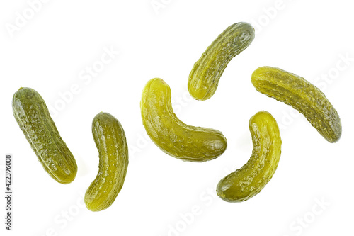 Bilde på lerret Set of delicious marinated pickled cucumbers isolated on a white background, top view