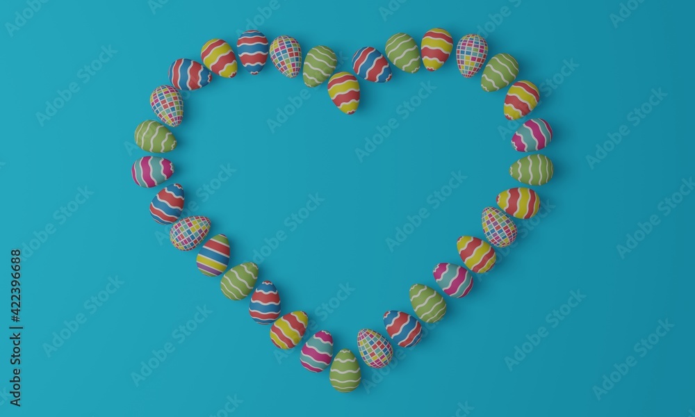 Easter eggs arranged in the shape of a heart with a colorful bright geometric pattern on a blue background. 3d rendering. Easter eggs arranged in the shape of a heart with a colorful bright geometric pattern on a blue background. 3d rendering.