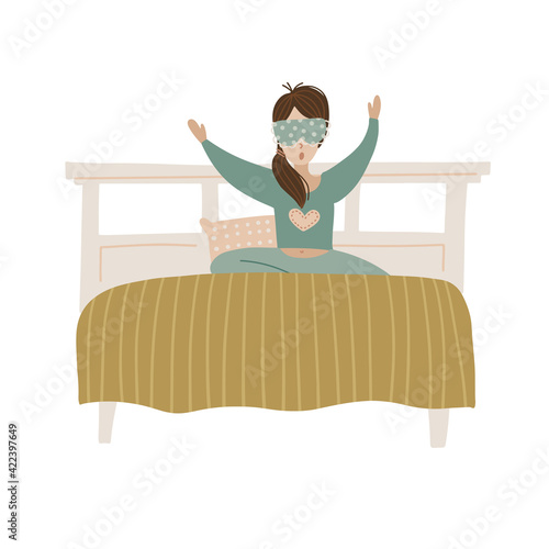 Wake up girl. Young woman in bed yawning. Isolated concept of start good day. Flat hand drawn vector illustration.