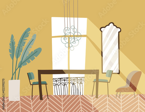 Vintage living room interior with french balcony. Elegant furniture - table, chairs, plant and mirror. Flat vector hand drawn illustration.