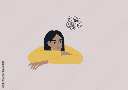 A psychological portrait of a young confused female character, an anxiety and depression concept, psychotherapy