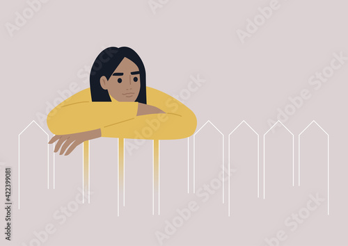 A young female character leaning on a wooden fence, a neighborhood life, outdoors