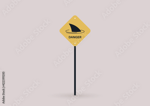 A danger yellow sign, shark attack risk, an isolated signpost on a plain background
