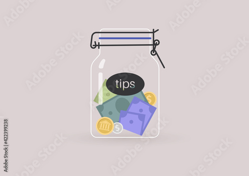 A tip jar full of coins and paper money, a restaurant etiquette