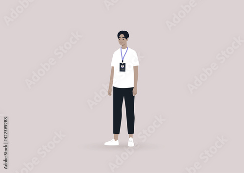 A young male Asian character wearing a badge, a corporate name tag design, a manager at the conference with an id card