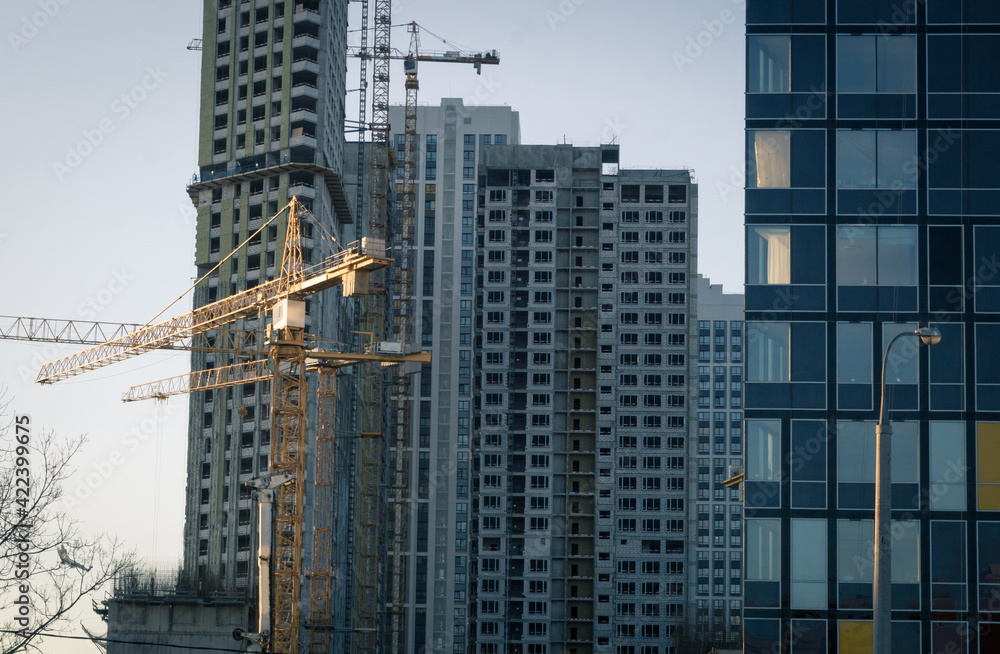 Fototapeta premium Cranes and buildings under construction in the early morning