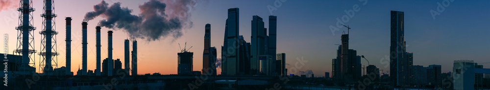 Panoramic view of the thermal power station and the Moscow business center