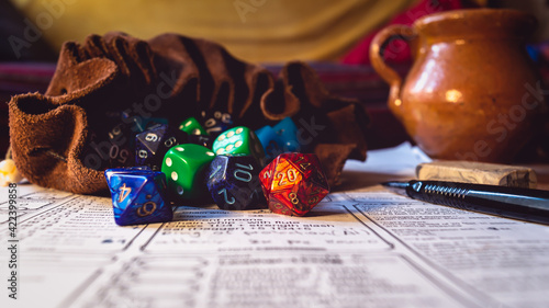 Dice bag filled with multicolor dice