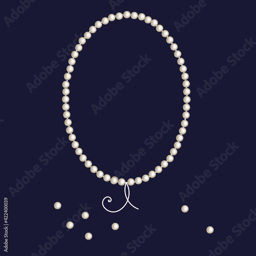 Shiny pearl frame with thread of white pearls. Vector border background for wedding, invitations, greeting cards, anniversary or banners. Luxury oval oyster pearl necklace. Beautiful natural chain.