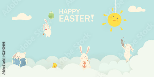 Happy Easter. Easter Rabbit Bunny with eggs, balloon. Cute cartoon rabbit character with chicken, Paschal egg. Design template for Banner, flyer, invitation, greeting card, poster.