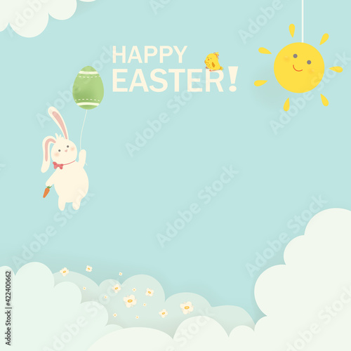 Happy Easter. Easter Rabbit Bunny with eggs, balloon. Cute cartoon rabbit character with chicken, Paschal egg. Design template for Banner, flyer, invitation, greeting card, poster.