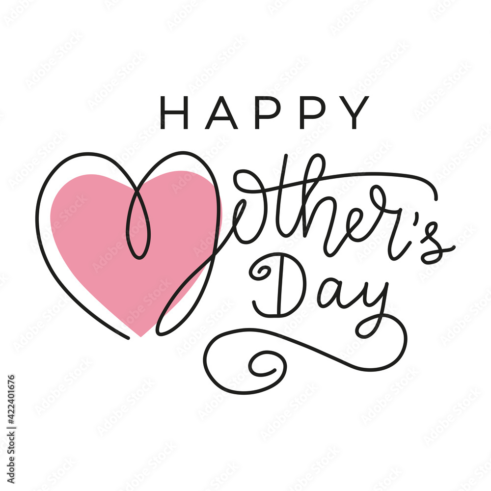 Happy Mother's day greeting card with lettering and pink heart background. Hand drawn typography design. Spring Mother's day holiday vector illustration.