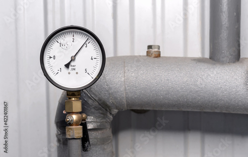 Manometer for measuring water pressure. Gas boiler house equipment.