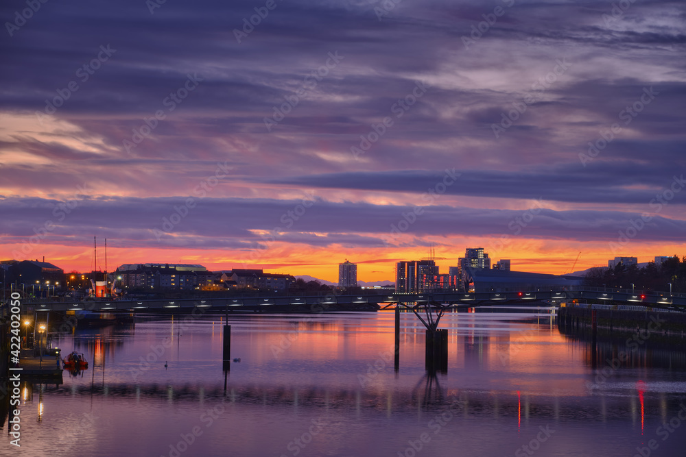 Amazing view of the River Clyde and sunset sky, Glasgow, Scotland Amazing view of the River Clyde and sunset sky, Glasgow, Scotland
