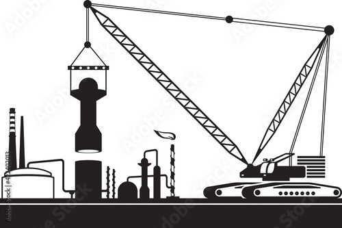 Crawler crane is mounting tower in chemical plant – vector illustration