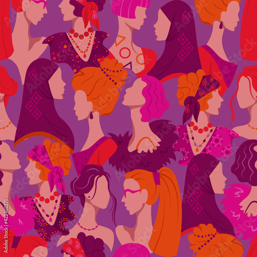 Women from different eras, nationalities and cultures seamless pattern. Girl empowerment background 