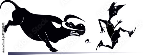 Fototapeta Naklejka Na Ścianę i Meble -  Cartoon running man and angry bull isolated illustration. Frightened sport man runs away from the angry bull black on white