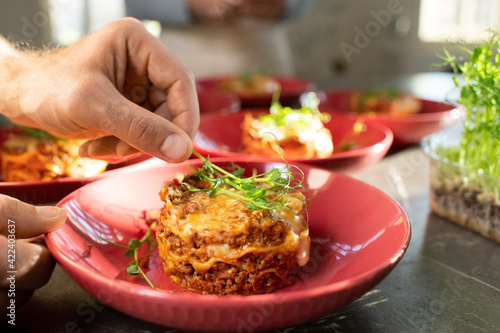 Hand of mature man putting branch of fresh green decorative soy seedling on top of appetizing homemade meat dish on red porcelain plate