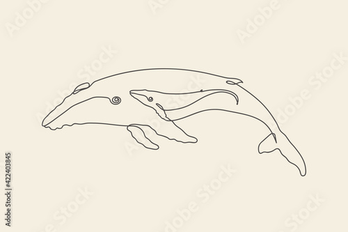 Whale family. Continuous single line. Animal outline. Linear logo