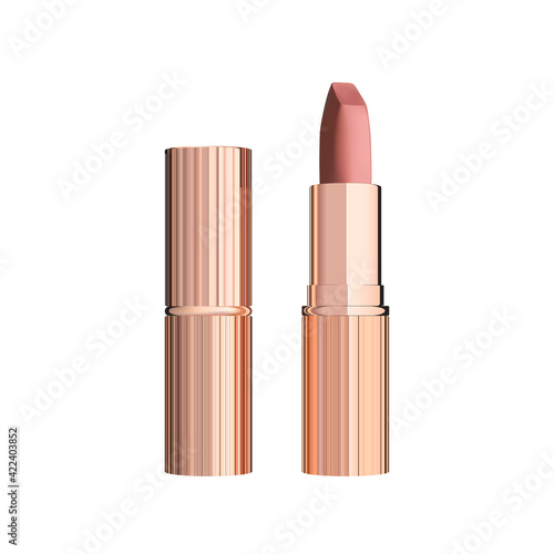 Mockup of realistic sexy nude lipstick. Decorative cosmetic product for glamorous lips. Makeup lip gloss in a stick.Gold container template. Vector illustration isolated on white background.
